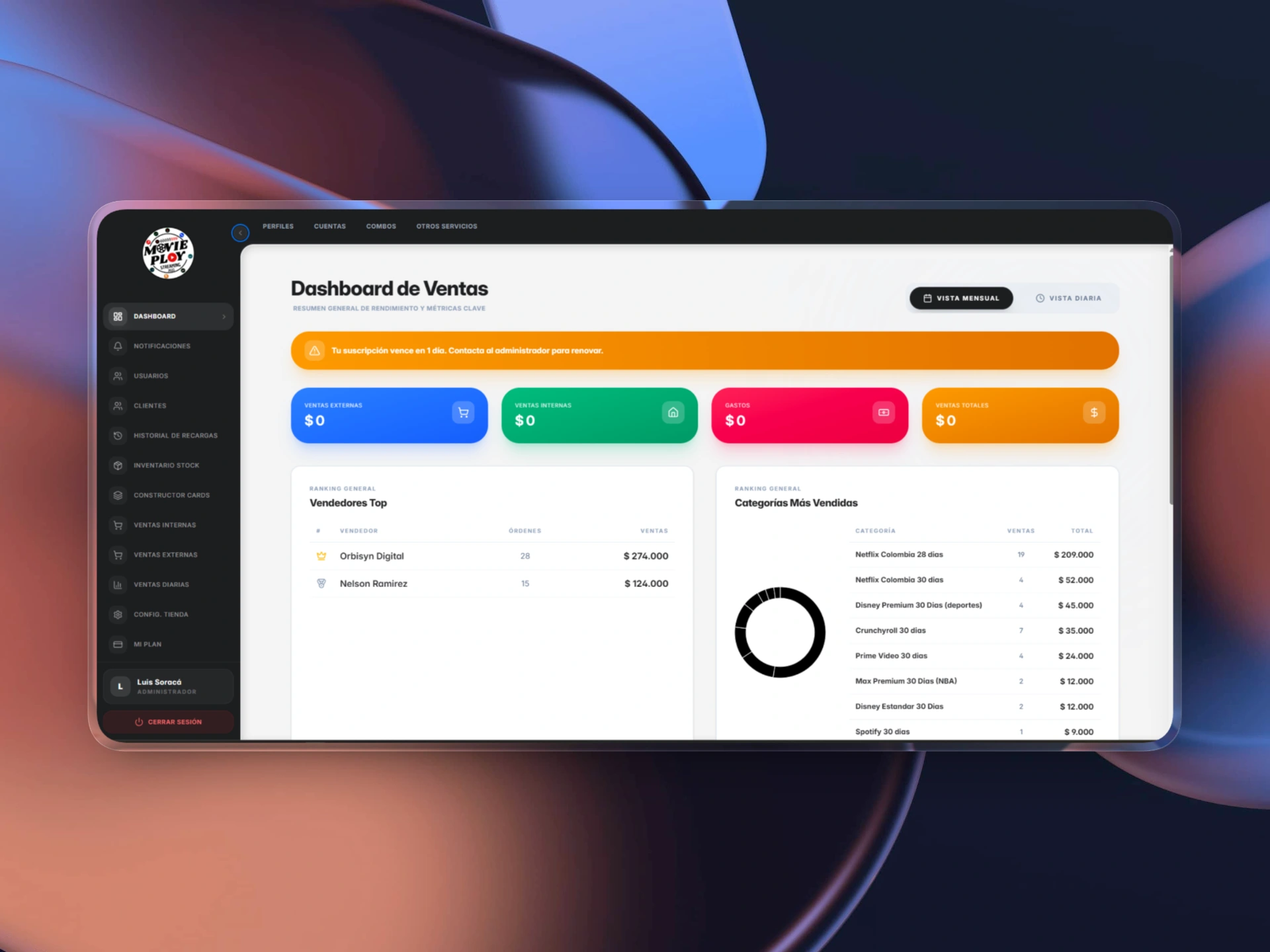 Dashboard mockup of Streaming CRM showing inventory widgets, analytics, and subscription renewal management.